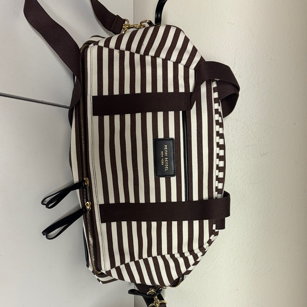 Henri Bendel Brown and Cream Striped Duffel Bag